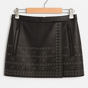 BCBGMAXAZRIA Black Faux Leather Grommet Mini Skirt